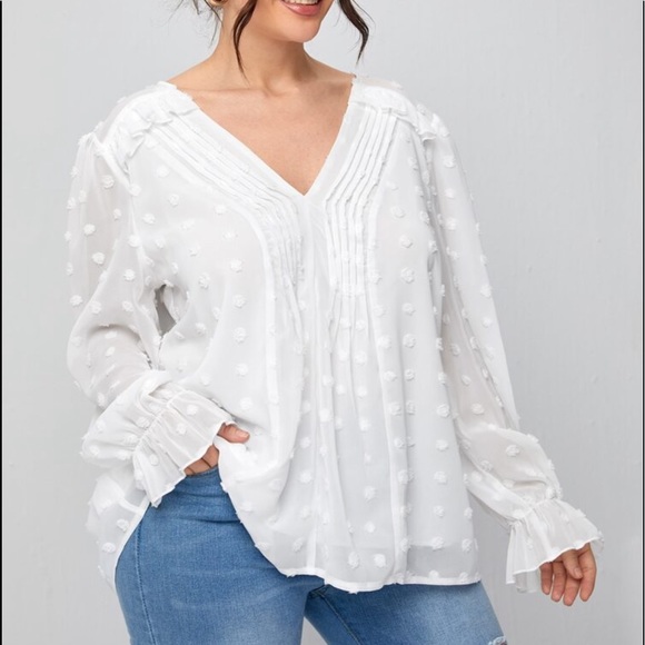 Tops - Boho Plus Size Swiss Dot Sheer Mesh Flounce Sleeve Top Blouse